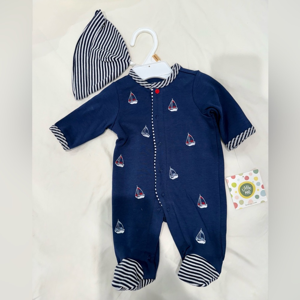 Little Me Blue Sailboat Footie with Striped Hat (brand new)